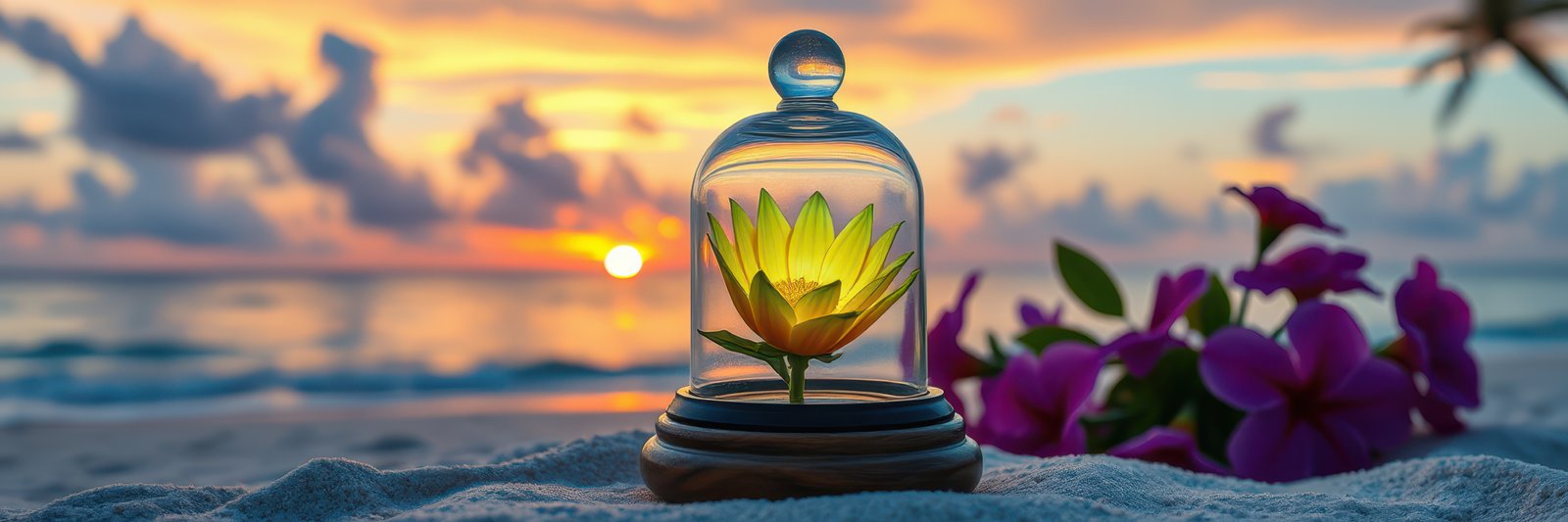 A yellow flower sits in a glass dome on the sand, with the sun setting over the ocean in the background